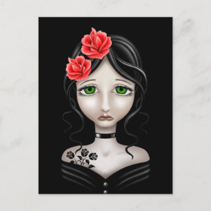 Carte Postale Fille triste avec des roses rouges sur noir