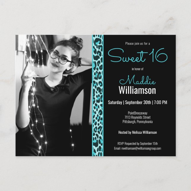 Carte Postale Fille Turquoise/Léopard noir Photo Sweet 16 Invita (Devant)