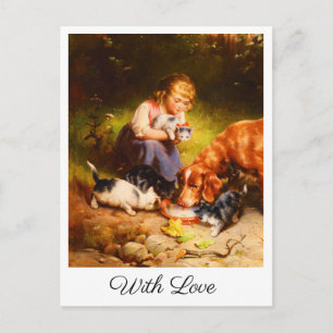 Carte Postale Fille victorienne avec chatons et chien Art avec a