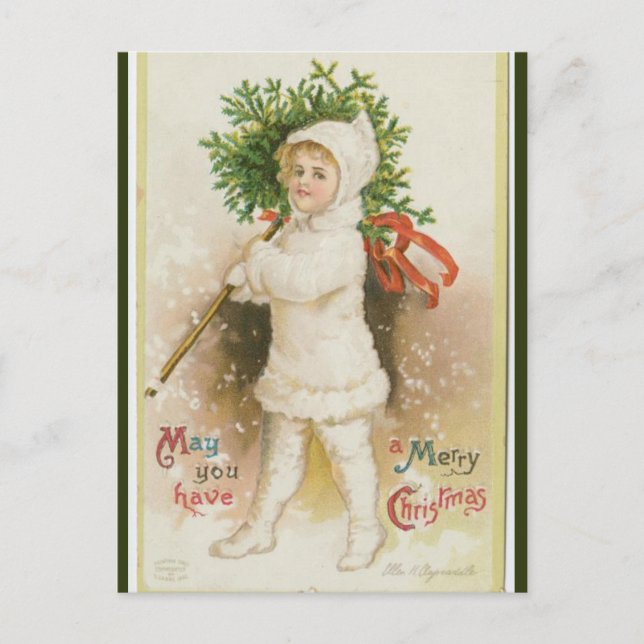 Carte Postale Fille vintage avec arbre Noël (Devant)