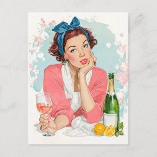 Carte Postale Fille Vintage avec Champagne Rose