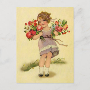 Carte Postale Fille vintage des fleurs de printemps