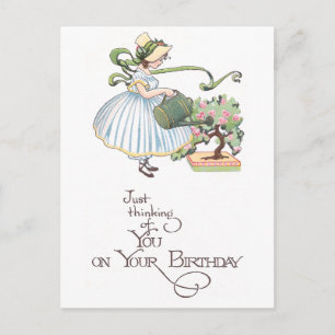 Carte Postale Fille Watering Bonsai Vintage Anniversaire