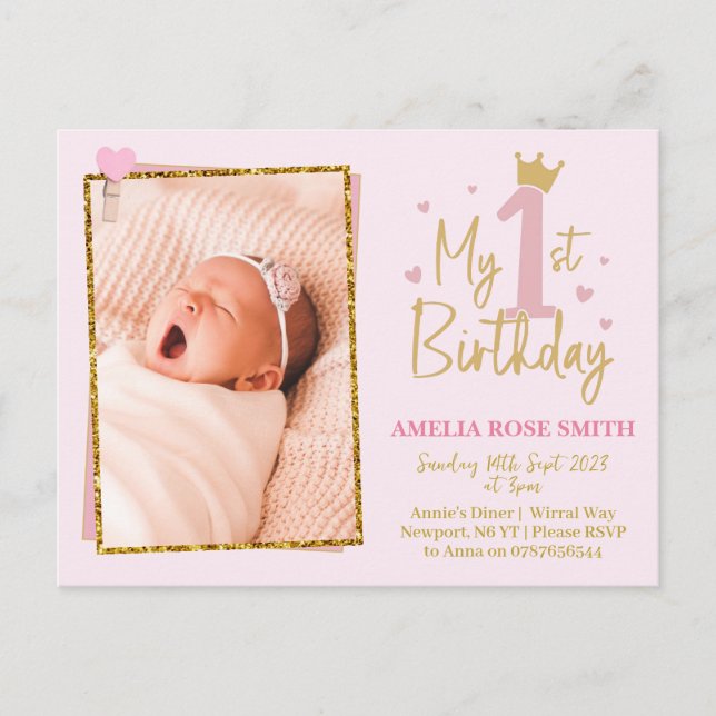 Carte Postale Filles 1er anniversaire invitation, parties scinti (Devant)