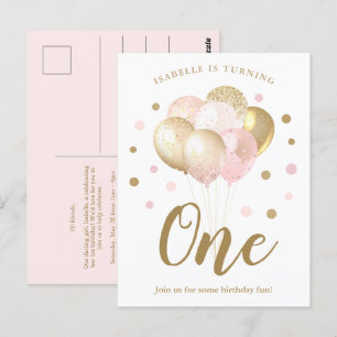 Carte Postale Filles 1er Anniversaire Pink Gold Parties scintill