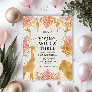 Carte Postale Filles 3e anniversaire fête Pink Gold Ecru Safari