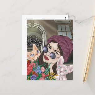 Carte Postale Filles avec des chats Impression, Affiche de valeu