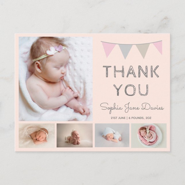 Carte Postale Filles bébé merci, faire-part de naissance rose (Devant)