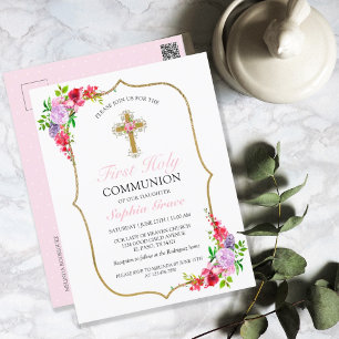 Carte Postale Filles Élégante Fleur Rose Première Sainte Communi