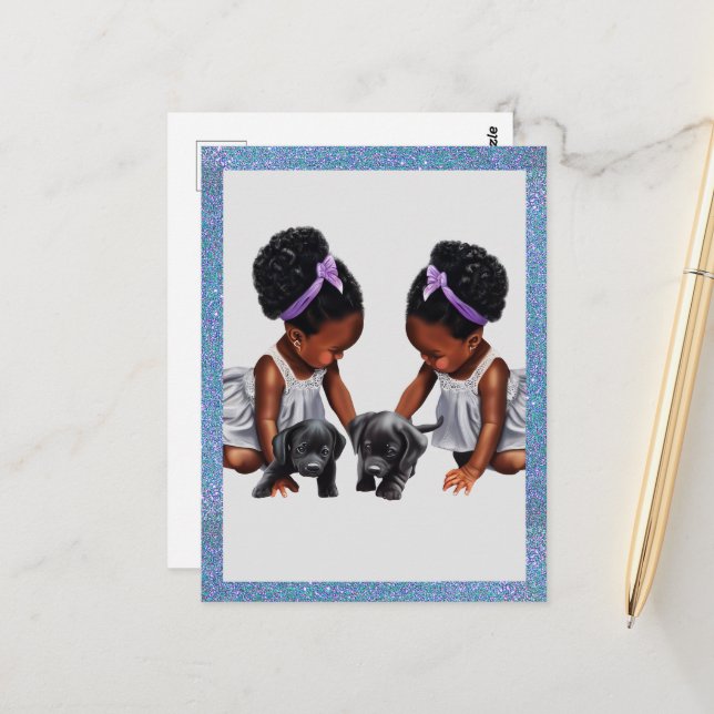 Carte Postale Filles jumelles afro-américaines avec chiots (Devant/Arrière en situation)
