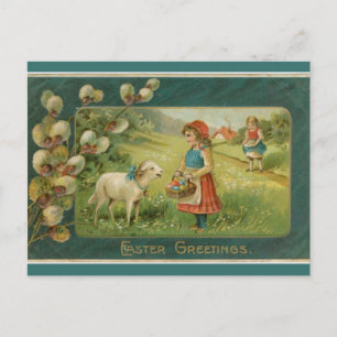 Carte Postale Filles vintages avec agneaux dans un champ Pâques