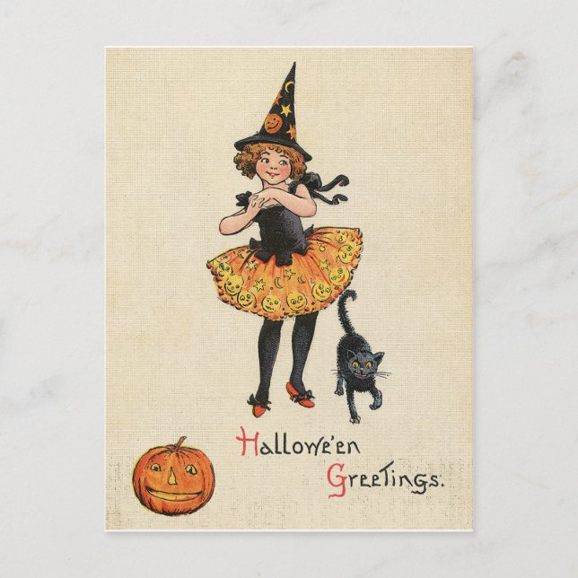 Carte Postale Fillette en costume de sorcière d'Halloween, chat  (Devant)