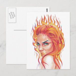Carte Postale Fire Woman imaginaire surréaliste Portrait dessin 