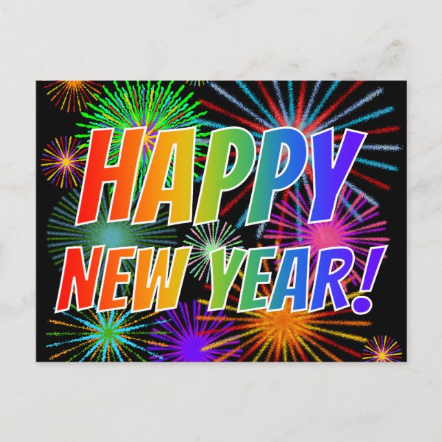 Carte Postale Fireworks + Rainbow Spectrum "HEUREUX NOUVEL AN !" (Devant)