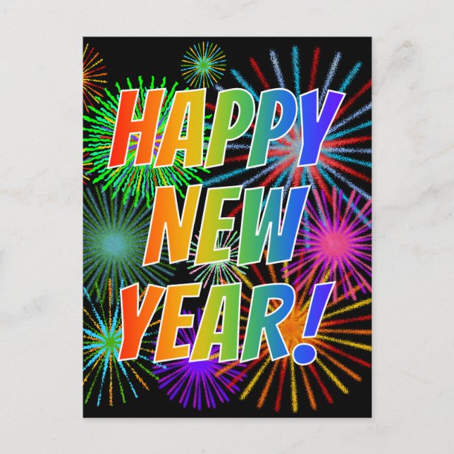 Carte Postale Fireworks + Rainbow Spectrum "HEUREUX NOUVEL AN !" (Devant)