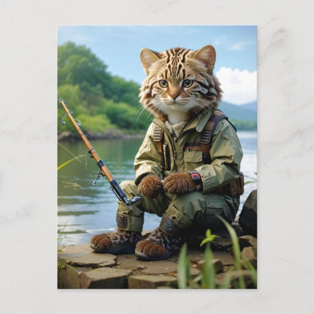 Carte Postale fishing at the lake / chat pêcheur au lac (Devant)