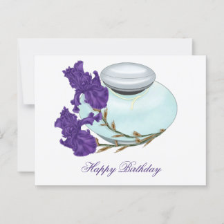 Carte Postale Flacon de parfum avec fleurs d'iris Joyeux Anniver
