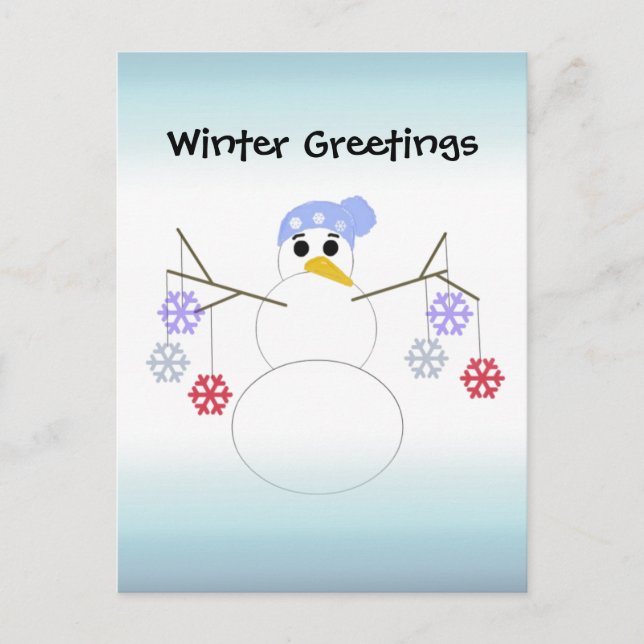 Carte Postale Flakey Snowman avec ornements de flocon de neige (Devant)