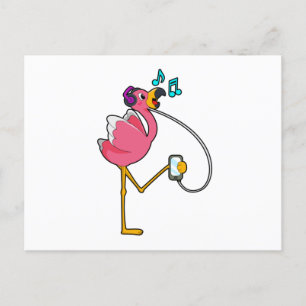 Carte Postale Flamant à la musique avec casque audio