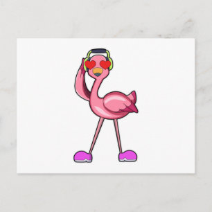Carte Postale Flamant avec casque audio & coeurs