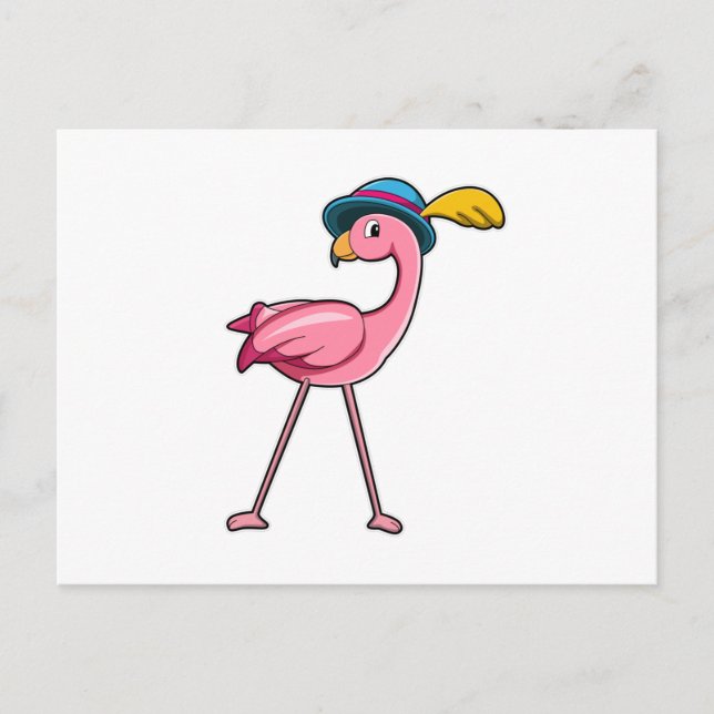 Carte Postale Flamant avec chapeau et plume (Devant)