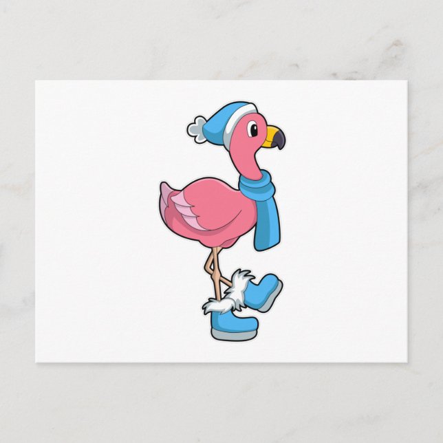 Carte Postale Flamant avec écharpe et chapeau (Devant)