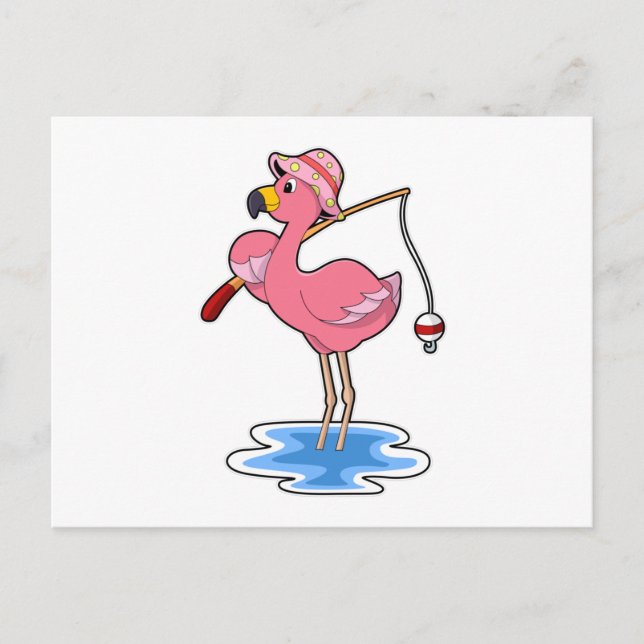 Carte Postale Flamant rose à la pêche avec canne à pêche (Devant)