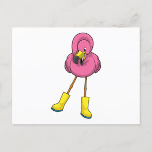 Carte Postale Flamant rose à la pluie avec bottes en caoutchouc