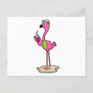 Carte Postale Flamant rose avec Lunettes de soleil & Casquette