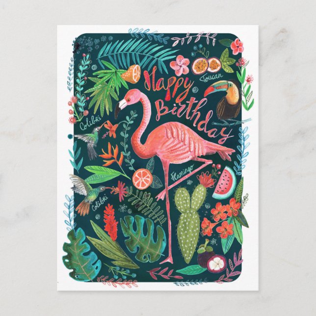Carte Postale Flamant rose bleu et rose moderne peint Anniversai (Devant)