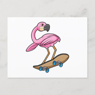 Carte Postale Flamant rose comme Patineur avec Skateboard