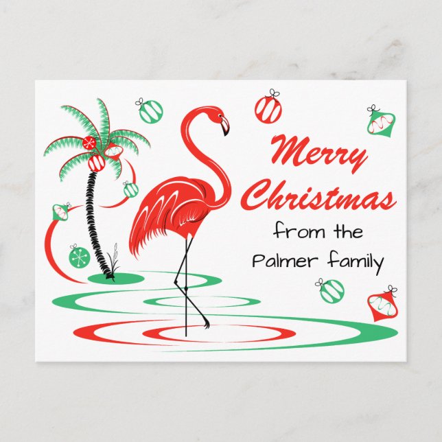 Carte Postale Flamant rose de Noël rouge Joyeux texte de Noël (Devant)