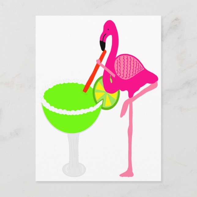 Carte Postale Flamant rose drôle buvant une margarita (Devant)