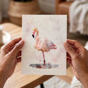 Carte Postale Flamant Rose Élégant debout en Aquarelle
