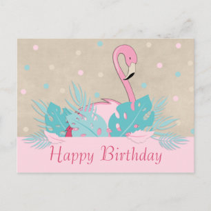 Carte Postale Flamant Rose Élégant et Feuilles Tropicales