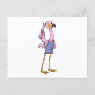 Carte Postale Flamant rose en coiffeur avec ciseaux