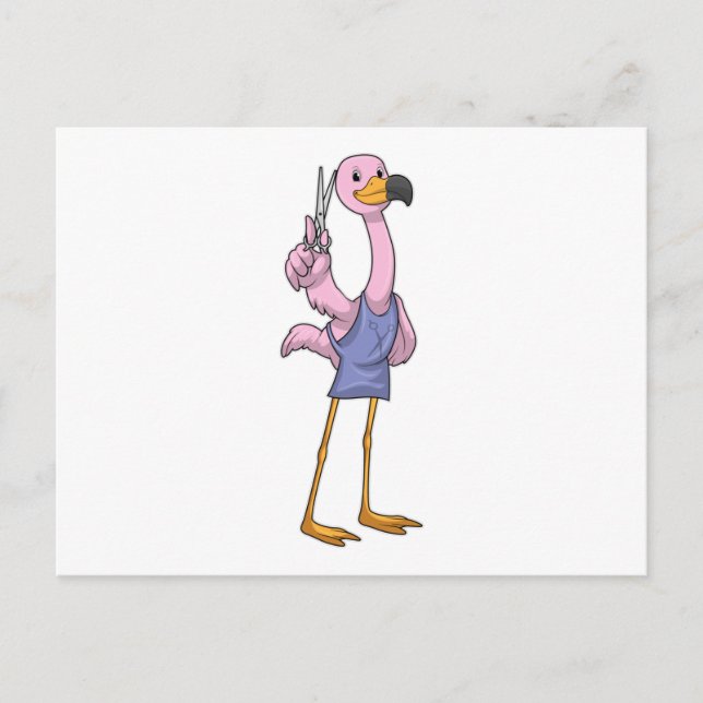 Carte Postale Flamant rose en coiffeur avec ciseaux (Devant)