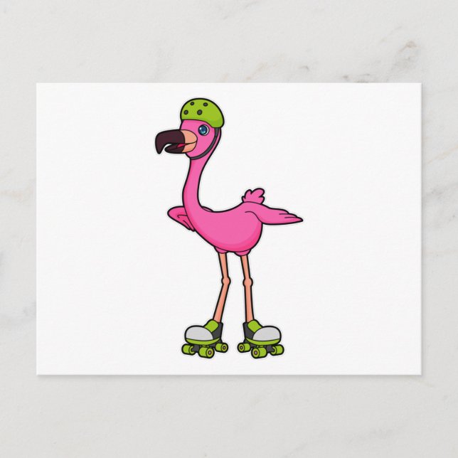 Carte Postale Flamant rose en patineur avec des patins à roulett (Devant)
