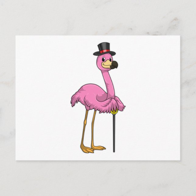 Carte Postale Flamant rose en retraité avec canne (Devant)