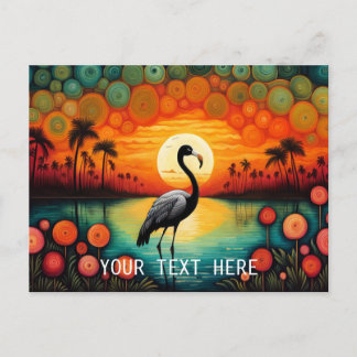 Carte Postale Flamant rose Lake Sunset Palm Tree Coloré Floral