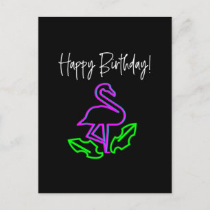 Carte Postale Flamant Rose Néon Tropical Joyeux Anniversaire