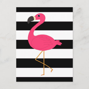 Carte Postale Flamant rose noir et blanc de rose de rayure