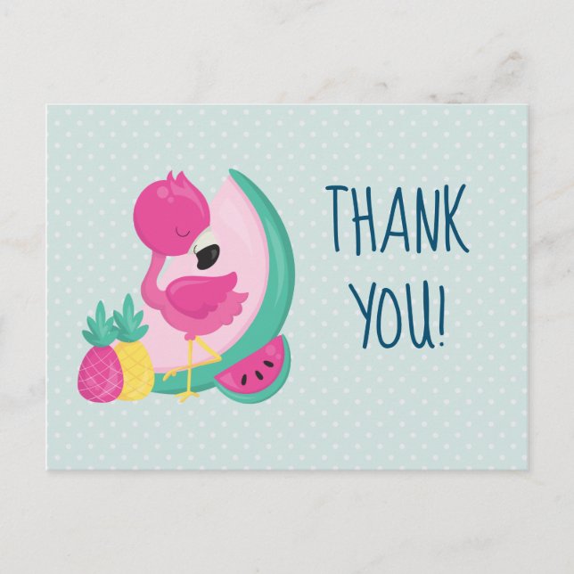 Carte Postale Flamant rose rose avec pastèque et ananas Merci (Devant)