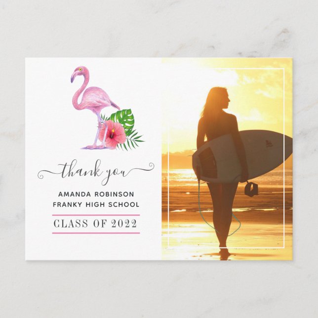Carte Postale Flamant rose rose  Beach Merci de graduation (Devant)