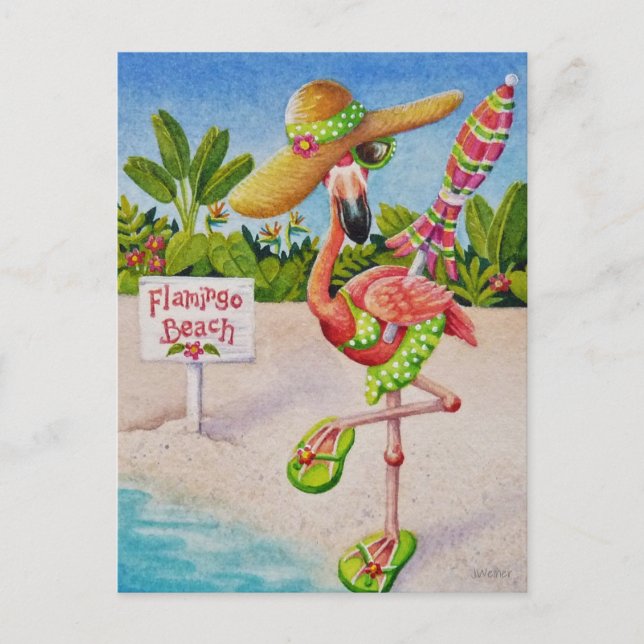 Carte Postale Flamant rose rose blanc no 2 Aquarelle Art (Devant)