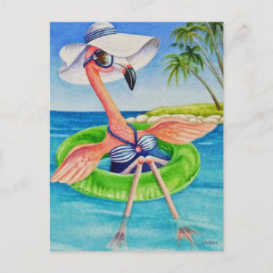 Carte Postale Flamant rose rose blanc no 3 Aquarelle Art