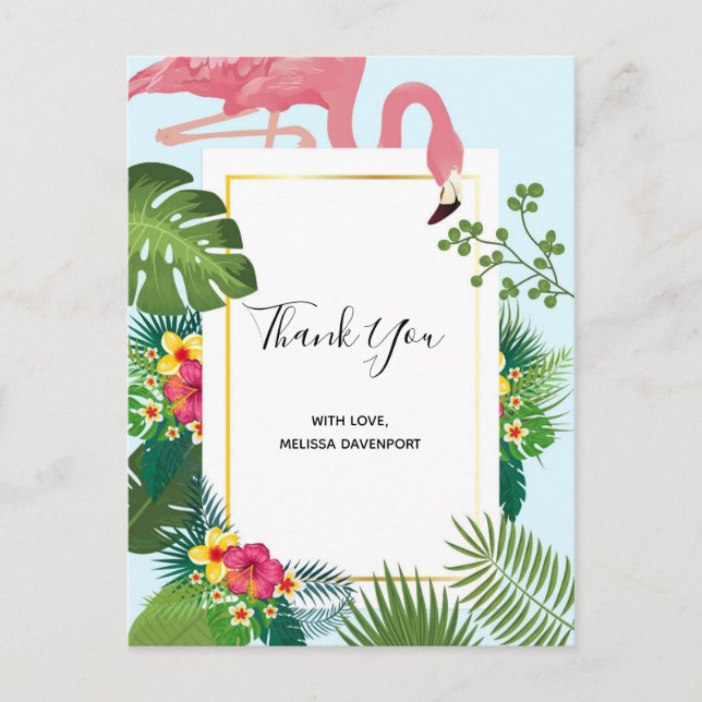 Carte Postale Flamant rose rose élégant et Merci Feuille tropica (Devant)