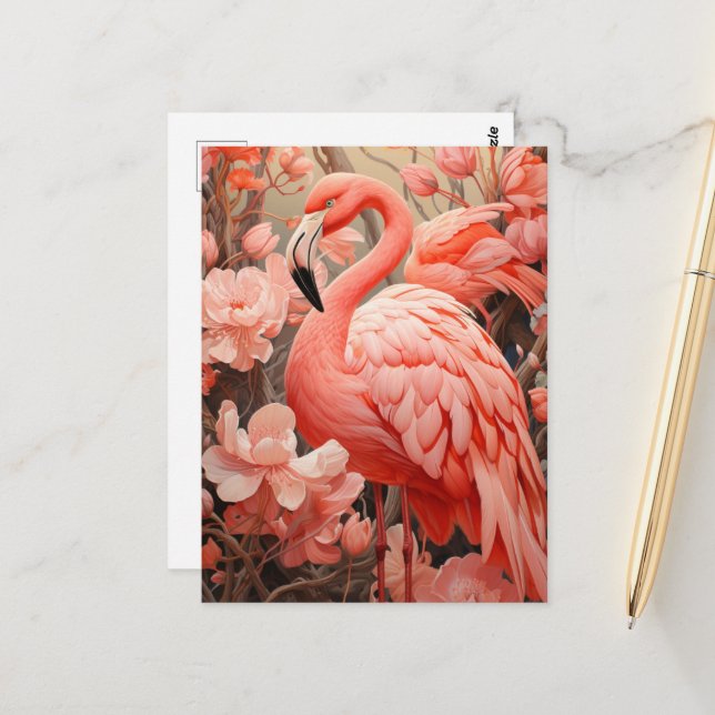 Carte Postale Flamant rose rose et fleurs (Devant/Arrière en situation)