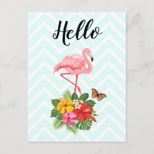 Carte Postale Flamant rose rose & Hibiscus Tropical Fancy Hello