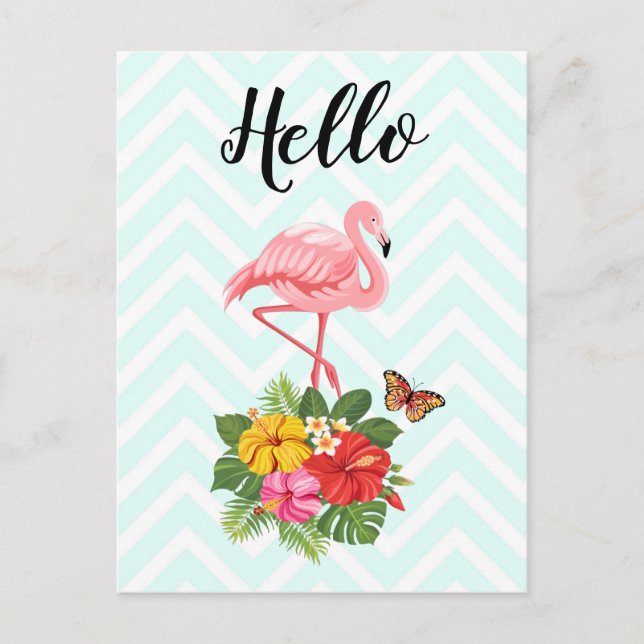 Carte Postale Flamant rose rose & Hibiscus Tropical Fancy Hello (Devant)